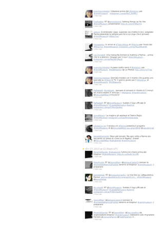 mammachetesta: Colazione prima del #blogtour per
#verdimuseum . instagram.com/p/f9sT_RvM6-/
2 days ago

Foodvalley: RT @amonteverdi: Setting things up for the
#VerdiMuseum presentation http://t.co/SYJYiMp1Fd
2 days ago

aselusi: Scombinate coppi, superate vecchiette in bici, svegliate
Parma alzandole le sottane perché si accorga che è arrivato
#VerdiMuseum! #BlogTour
2 days ago

franaseddu: In arrivo al #TeatroRegio di #Parma per l'inizio del
#BlogTour #VerdiMuseum instagram.com/p/f9pulBkahW/
2 days ago

cecchinobilli: Una tranquilla domenica mattina a Parma... prima
che si scatenino i blogger per il tour! #VerdiMuseum…
instagram.com/p/f9podFSNpZ/
2 days ago

mammachetesta: A passo svelto verso il #blogtour per
#VerdiMuseum. #SDBAwards (@ La Pilotta) 4sq.com/17o77ag
2 days ago

mammachetesta: Giornata iniziata con il marito che guarda uno
speciale su #Verdi in TV. Il giorno giusto per il #blogtour di
#VerdiMuseum. #SDBawards
2 days ago

RaffaellaPi: #oralegale , pensare di arrivare in ritardo di 5 minuti
ed invece essere in anticipo :) #blogtour #verdimuseum
@SQcuoladiBlog a tra poco!
2 days ago

RaffaellaPi: RT @VerdiMuseum: Svelato il logo ufficiale di
#VerdiMuseum! #casadellamusica #parma
instagram.com/p/f79bnZpoNn/
2 days ago

giovaMarani: La magia e gli applausi al Teatro Regio.
#VerdiMuseum instagram.com/p/f9mHZaLdqQ/
2 days ago

LetiziaCoccia: Il sindaco di #Parma presenta il progetto
#VerdiMuseum di @SQcuoladiBlog goo.gl/a2OBXN @repubblicait
2 days ago

benedettomotisi: Devo già tornare. Ma ogni volta a Parma sto
lasciando un pezzo di cuore (e di fegato). Grazie!
@SQcuoladiBlog #sdbawards #verdimuseum
2 days ago

Oct 27, 2013 at 12:00am UTC
MoranteDavide: #sdbawards l'ultimo bicchiere prima del
blogtour #VerdiMuseum http://t.co/Sks9cYk1PM
2 days ago

RobyPuglia: RT @GeomAlfieri: @BarbaraCastel19 domani le
#tortedellaMammaPredide saranno al blogtour #verdimuseum ;)
prepararsi
2 days ago

benedettap: RT @mosquitoman81: Le mie foto su LaRepubblica
Parma! parma.repubblica.it/cronaca/2013/1… #VerdiMuseum
@benedettap
2 days ago

RiccardaR: RT @VerdiMuseum: Svelato il logo ufficiale di
#VerdiMuseum! #casadellamusica #parma
instagram.com/p/f79bnZpoNn/
2 days ago

GeomAlfieri: @BarbaraCastel19 domani le
#tortedellaMammaPredide saranno al blogtour #verdimuseum ;)
prepararsi
2 days ago

MoranteDavide: RT @GeomAlfieri: @lisacristallino da
organizzatore blogtour #verdimuseum dobbiamo solo ringraziare
Ferraris @ComuneParma @FedePizzarotti il…
2 days ago

 