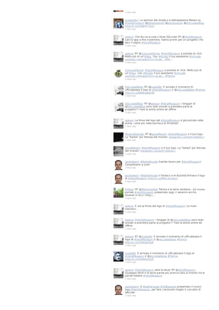 2 days ago

luisagiolito: Le opinioni del Sindaco e dell'assessore Marani su
#Verdimuseum @fedepizzarotti @giovamarani @SQcuoladiBlog
http://t.co/1da6477p1z
2 days ago

aselusi: Che faccia scuola o forse SQcuola! RT @VerdiMuseum:
Lancio app a fine novembre. Siamo pronti per un progetto che
lasci il segno #VerdiMuseum
2 days ago

aselusi: RT @ComuneParma: #VerdiMuseum a portata di click.
Molto più di un'#App. Con #Aroldo il tuo assistente #virtuale
youtube.com/watch?v=-jS-ad… #Pa…
2 days ago

ComuneParma: #VerdiMuseum a portata di click. Molto più di
un'#App. Con #Aroldo il tuo assistente #virtuale
youtube.com/watch?v=-jS-ad… #Parma
2 days ago

SQcuoladiBlog: RT @luigilp86: È arrivato il momento di
ufficializzare il logo di #VerdiMuseum // @SQcuoladiBlog #Parma
http://t.co/O8NLpBQ1Bl
2 days ago

SQcuoladiBlog: RT @aselusi: #VerdiMuseum: i blogger di
@SQcuoladiBlog sono stati onorati a prendere parte al
progetto!!! Fare la storia online ed offline
2 days ago

aselusi: La firma del logo del #VerdiMuseum è già entrata nella
storia, come pin nella bacheca di Pinterest!
2 days ago

MoranteDavide: RT @giovaMarani: #VerdiMuseum e il suo logo.
La "barba" più famosa del mondo! instagram.com/p/f7-etOrdv-/
2 days ago

giovaMarani: #VerdiMuseum e il suo logo. La "barba" più famosa
del mondo! instagram.com/p/f7-etOrdv-/
2 days ago

giuliodestri: #BattleRoyale Grande lavoro per #VerdiMuseum!
Complimenti a tutti!
2 days ago

giuliodestri: #BattleRoyale Il Sindaco e le Autorità firmano il logo
di #VerdiMuseum http://t.co/PMnL4uHgv1
2 days ago

fmfeye: RT @lifeintravelita: Parma e le terre verdiane...sul nuovo
portale #verdimuseum presentato oggi ci saranno anche
itinerari in bici:) http:/…
2 days ago

aselusi: E ora la firma del logo di #VerdiMuseum! Le mani
tremano...
2 days ago

aselusi: #VerdiMuseum: i blogger di @SQcuoladiBlog sono stati
onorati a prendere parte al progetto!!! Fare la storia online ed
offline
2 days ago

aselusi: RT @luigilp86: È arrivato il momento di ufficializzare il
logo di #VerdiMuseum // @sqcuoladiblog #Parma
http://t.co/3zdKsw3SzF
2 days ago

luigilp86: È arrivato il momento di ufficializzare il logo di
#VerdiMuseum // @sqcuoladiblog #Parma
http://t.co/3zdKsw3SzF
2 days ago

aselusi: #VerdiMuseum sarà la terza! RT @VerdiMuseum:
Giuseppe Verdi è la terza parola più pronunciata al mondo tra le
parole italiane #VerdiMuseum
2 days ago

giuliodestri: A #battleroyale #SDBawards presentato il nuovo
logo #VerdiMuseum, per fare conoscere meglio il concetto di
QRCode
2 days ago

 