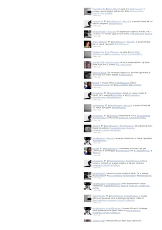 PaoloVallicelli: @GeomAlfieri ci parla di #Verdimuseum: il
progetto parte sempre dall'ascolto delle #Conversazioni
http://t.co/jscIAX1WsJ
3 days ago

franaseddu: RT @VerdiMuseum: #Ascolto: la parola chiave da cui
nasce il progetto #VerdiMuseum
3 days ago

VanessaRota1: L'#ascolto è il segreto per capire il mondo che ci
circonda. E il mondo oggi lo trovi online. #VerdiMuseum #parma
3 days ago

AriannaRuberto: RT @VerdiMuseum: #Ascolto: la parola chiave
da cui nasce il progetto #VerdiMuseum
3 days ago

SteAlbanese: #VerdiMuseum ne parla @GeomAlfieri
#SDBAwards @SQcuoladiBlog http://t.co/hkkJo65ENK
3 days ago

ziomike2009: #verdimuseum al via la presentazione! (@ Casa
Della Musica w/ 2 others) 4sq.com/1ciYEJK
3 days ago

MammaCattiva: Già intravedo l'approccio dei miei figli all'arte e
alla musica da nativi digitali #verdimuseum
3 days ago

ferriste: Il museo diffuso #VerdiMuseum presso
#casadellamusica con @SQcuoladiBlog @GeomAlfieri
3 days ago

franaseddu: RT @VanessaRota1: Serve un nuovo museo di
Verdi? Ce lo spiega @GeomAlfieri e @SQcuoladiBlog
#VerdiMuseum @FedePizzarotti
3 days ago

SteAlbanese: RT @VerdiMuseum: #Ascolto: la parola chiave da
cui nasce il progetto #VerdiMuseum
3 days ago

franaseddu: RT @bismama: SempreVerdi noi di #SQuoladiblog
#verdimuseum in the world instagram.com/p/f7r4UlHVKI/
3 days ago

letoland: RT @VerdiMuseum: #VerdiMuseum: Visita Esplora Rivivi
Digital Interattivo! #casadellamusica #parma
instagram.com/p/f7wS-bpoHc/
3 days ago

VerdiMuseum: #Ascolto: la parola chiave da cui nasce il progetto
#VerdiMuseum
3 days ago

ferriste: RT @VerdiMuseum: Il momento è arrivato: sta per
cominciare il pomeriggio #VerdiMuseum alla #casadellamusica a
#Parma!
3 days ago

franaseddu: RT @mammachetesta: #VerdiMuseum cultura,
turismo, storia di un grande maestro e del suo territorio.
instagram.com/p/f7rk4yPM_E/
3 days ago

VanessaRota1: Serve un nuovo museo di Verdi? Ce lo spiega
@GeomAlfieri e @SQcuoladiBlog #VerdiMuseum @FedePizzarotti
3 days ago

VerdiMuseum: #VerdiMuseum: Visita Esplora Rivivi Digital
Interattivo! #casadellamusica #parma instagram.com/p/f7wSbpoHc/
3 days ago

PaoloVallicelli: RT @VerdiMuseum: #VerdiMuseum, il museo
diffuso di Giuseppe Verdi presentato dal Geom. Alfieri di
#sqcuoladiblog instagram.com/p/f7v3AdJoG3/
3 days ago

VerdiMuseum: #VerdiMuseum, il museo diffuso di Giuseppe
Verdi presentato dal Geom. Alfieri di #sqcuoladiblog
instagram.com/p/f7v3AdJoG3/
3 days ago

ziomike2009: Il Museo Diffuso é fatto dagli utenti che

 