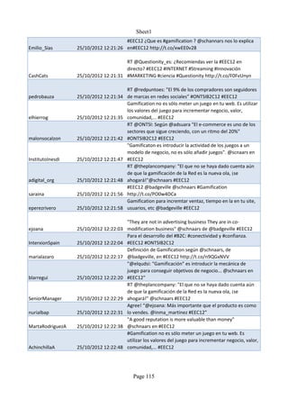 Sheet1
                                      #EEC12 ¿Que es #gamification ? @schannars nos lo explica
Emilio_Sias       25/10/2012 12:21:26 en#EEC12 http://t.co/xwEE0v28

                                      RT @Questionity_es: ¿Recomiendas ver la #EEC12 en
                                      directo? #EEC12 #INTERNET #Streaming #Innovación
CashCats          25/10/2012 12:21:31 #MARKETING #ciencia #Questionity http://t.co/F0FvUnyn

                                      RT @redpuntoes: "El 9% de los compradores son seguidores
pedrobauza        25/10/2012 12:21:34 de marcas en redes sociales" #ONTSIB2C12 #EEC12
                                      Gamification no es sólo meter un juego en tu web. Es utilizar
                                      los valores del juego para incrementar negocio, valor,
elhierrog         25/10/2012 12:21:35 comunidad,... #EEC12
                                      RT @ONTSI: Según @adsuara "El e-commerce es uno de los
                                      sectores que sigue creciendo, con un ritmo del 20%"
malonsocalzon     25/10/2012 12:21:42 #ONTSIB2C12 #EEC12
                                      "Gamificaton es introducir la actividad de los juegos a un
                                      modelo de negocio, no es sólo añadir juegos". @scnaars en
InstitutoInesdi   25/10/2012 12:21:47 #EEC12
                                      RT @theplancompany: "El que no se haya dado cuenta aún
                                      de que la gamificación de la Red es la nueva ola, ¡se
adigital_org      25/10/2012 12:21:48 ahogará!"@schnaars #EEC12
                                      #EEC12 @badgeville @schnaars #Gamification
saraina           25/10/2012 12:21:56 http://t.co/PO0w4DCa
                                      Gamification para incremtar ventaz, tiempo en la en tu site,
eperezrivero      25/10/2012 12:21:58 usuarios, etc @badgeville #EEC12

                                      "They are not in advertising business They are in co-
ejoana            25/10/2012 12:22:03 modification business" @schnaars de @badgeville #EEC12
                                      Para el desarrollo del #B2C: #conectividad y #confianza.
InterxionSpain    25/10/2012 12:22:04 #EEC12 #ONTSIB2C12
                                      Definición de Gamification según @schnaars, de
marialazaro       25/10/2012 12:22:17 @badgeville, en #EEC12 http://t.co/n9QGxNVV
                                      "@elqudsi: "Gamificación" es introducir la mecánica de
                                      juego para conseguir objetivos de negocio... @schnaars en
blarregui         25/10/2012 12:22:20 #EEC12"
                                      RT @theplancompany: "El que no se haya dado cuenta aún
                                      de que la gamificación de la Red es la nueva ola, ¡se
SeniorManager     25/10/2012 12:22:29 ahogará!" @schnaars #EEC12
                                      Agree! “@ejoana: Más importante que el producto es como
nurialbap         25/10/2012 12:22:31 lo vendes. @inma_martinez #EEC12”
                                      "A good reputation is more valuable than money"
MartaRodriguezA   25/10/2012 12:22:38 @schnaars en #EEC12
                                      #Gamification no es sólo meter un juego en tu web. Es
                                      utilizar los valores del juego para incrementar negocio, valor,
AchinchillaA      25/10/2012 12:22:48 comunidad,... #EEC12




                                           Page 115
 