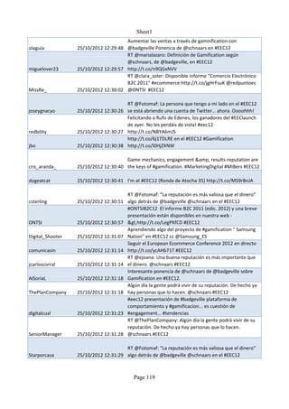 Sheet1
                                      Aumentar las ventas a través de gamnification con
olaguia           25/10/2012 12:29:48 @badgeville Ponencia de @schnaars en #EEC12
                                      RT @marialazaro: Definición de Gamification según
                                      @schnaars, de @badgeville, en #EEC12
miguelover23      25/10/2012 12:29:57 http://t.co/n9QGxNVV
                                      RT @clara_soler: Disponible informe "Comercio Electrónico
                                      B2C 2011" #ecommerce http://t.co/jgHrFsuK @redpuntoes
MissRe_           25/10/2012 12:30:02 @ONTSI #EEC12

                                      RT @Fotomaf: La persona que tengo a mi lado en el #EEC12
joseygnacyo       25/10/2012 12:30:26 se está abriendo una cuenta de Twitter… ahora. Oooohhh!
                                      Felicitando a Rufo de Edenes, los ganadores del #EEClaunch
                                      de ayer. No les perdáis de vista! #eec12
redbility         25/10/2012 12:30:27 http://t.co/NBYA6mJS
                                      http://t.co/6j1TDLRE en el #EEC12 #Gamification
jbo               25/10/2012 12:30:38 http://t.co/l0HjZXNW

                                      Game mechanics, engagement &amp, results-reputation are
cris_aranda_      25/10/2012 12:30:40 the keys of #gamification. #MarketingDigital #MIBers #EEC12

dogeatcat         25/10/2012 12:30:41 I'm at #EEC12 (Ronda de Atocha 35) http://t.co/MS9r8nJA

                                        RT @Fotomaf: “La reputación es más valiosa que el dinero”
csterling         25/10/2012 12:30:51   algo detrás de @badgeville @schnaars en el #EEC12
                                        #ONTSIB2C12 El informe B2C 2011 (edic. 2012) y una breve
                                        presentación están disponibles en nuestra web -
ONTSI             25/10/2012 12:30:57   &gt,http://t.co/LegPKfCD #EEC12
                                        Aprendiendo algo del proyecto de #gamification " Samsung
Digital_Shooter   25/10/2012 12:31:07   Nation" en #EEC12 cc @Samsung_ES
                                        Seguir el European Ecommerce Conference 2012 en directo
comunicasin       25/10/2012 12:31:14   http://t.co/ycAHb71T #EEC12
                                        RT @ejoana: Una buena reputación es más importante que
jcarloscorral     25/10/2012 12:31:14   el dinero. @schnaars #EEC12
                                        Interesante ponencia de @schnaars de @badgeville sobre
AlSoriaL          25/10/2012 12:31:18   Gamification en #EEC12.
                                        Algún día la gente podrá vivir de su reputación. De hecho ya
ThePlanCompany    25/10/2012 12:31:18   hay personas que lo hacen. @schnaars #EEC12
                                        #eec12 presentación de #badgeville plataforma de
                                        comportamiento y #gamificacion... es cuestión de
digitalcual       25/10/2012 12:31:23   #engagement... #tendencias
                                        RT @ThePlanCompany: Algún día la gente podrá vivir de su
                                        reputación. De hecho ya hay personas que lo hacen.
SeniorManager     25/10/2012 12:31:28   @schnaars #EEC12

                                      RT @Fotomaf: “La reputación es más valiosa que el dinero”
Starporcasa       25/10/2012 12:31:29 algo detrás de @badgeville @schnaars en el #EEC12



                                          Page 119
 