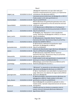 Sheet1
                                        .@badgeville implementa una capa sobre webs para
                                        reconocer comportamientos de usuarios y así implementar
adigital_org      25/10/2012 12:31:47   recompensas, dice @schnaars #EEC12
                                        Interesante ponencia @schnaars de @badgeville en #EEC12.
                                        Podéis ampliar la info sobre gamification en
AccentureSpain    25/10/2012 12:31:49   http://t.co/aWHF9mX2
                                        #EEC12 @schnaars the gamification generates more visits,
                                        engagement and presence on the site and at the end more
SylvainPAM18      25/10/2012 12:31:54   conversion, WoW
                                        +1 RT @javiercuervo: @RiderState es un FourSquare en
                                        bicicleta. Me encanta esta #startup presentada en #EEC12
mr_villa          25/10/2012 12:32:02   http://t.co/2yV2LL1k
                                        RT @adigital_org: "Reputation Is more valuable than
                                        money", @schnaars de @badgeville en #EEC12. En directo
ignasi_martin     25/10/2012 12:32:05   http://t.co/adta9nvv
                                        RT @fundacionctic: Disponible informe "Comercio
                                        Electrónico B2C 2011" #ecommerce http://t.co/Yuh7IVxc
HerreraTic        25/10/2012 12:32:21   @redpuntoes @ONTSI #EEC12
                                        RT @marialazaro: Definición de Gamification según
                                        @schnaars, de @badgeville, en #EEC12
gustavobarretoo   25/10/2012 12:32:26   http://t.co/n9QGxNVV
                                        Definición de #Gamification según @schnaars @badgeville
ejoana            25/10/2012 12:32:36   http://t.co/0FGprJ3U by @ibagaz #EEC12
                                        RT @fundacionctic: Disponible informe "Comercio
                                        Electrónico B2C 2011" #ecommerce http://t.co/Yuh7IVxc
idoiacantolla     25/10/2012 12:32:56   @redpuntoes @ONTSI #EEC12
                                        Podéis ampliar la info sobre gamification y la ponencia de
InstitutoInesdi   25/10/2012 12:32:57   @schnaars en http://t.co/KCjQ2UJN #EEC12.
                                        @flooved guys, you've had a shout out at #EEC12 conf in
justohidalgo      25/10/2012 12:33:11   Madrid by @badgeville presenter ,)

                                      "@Fotomaf: “La reputación es más valiosa que el dinero”
sergioss7         25/10/2012 12:33:12 algo detrás de @badgeville @schnaars en el #EEC12"
                                      RT @iruri: Gamification no es sólo añadir el componente de
                                      juego: debe tener unos objetivos de negocio detrás #EEC12
gotzongonzalez    25/10/2012 12:33:28 @schnaars @badgeville
                                      RT @AccentureSpain: Interesante ponencia @schnaars de
                                      @badgeville en #EEC12. Podéis ampliar la info sobre
lucia_olivares    25/10/2012 12:33:39 gamification en http://t.co/aWHF9mX2
                                      #eec12 @badgeville una plataforma aplicable no sólo a
                                      Estados Unidos. Aplicable independientemente de factores
digitalcual       25/10/2012 12:33:40 demográficos
                                      software para que tus clientes se comporten como tu
                                      quieres, toma ya! interesante @schnaars #behaviour
borjasant         25/10/2012 12:33:41 #gamification #EEC12




                                          Page 120
 