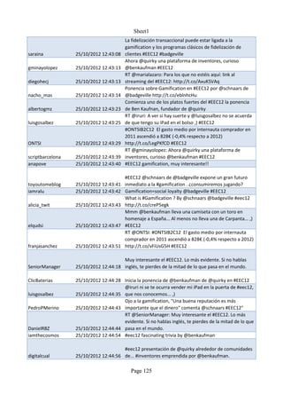 Sheet1
                                         La fidelización transaccional puede estar ligada a la
                                         gamification y los programas clásicos de fidelización de
saraina           25/10/2012 12:43:08    clientes #EEC12 #badgeville
                                         Ahora @quirky una plataforma de inventores, curioso
gminayolopez      25/10/2012 12:43:13    @benkaufman #EEC12
                                         RT @marialazaro: Para los que no estéis aquí: link al
diegohecj         25/10/2012 12:43:13    streaming del #EEC12: http://t.co/AxuKSVAq
                                         Ponencia sobre Gamification en #EEC12 por @schnaars de
nacho_mas         25/10/2012 12:43:14    @badgeville http://t.co/eblnhcHu
                                         Comienza uno de los platos fuertes del #EEC12 la ponencia
albertogmz        25/10/2012 12:43:23    de Ben Kaufnan, fundador de @quirky
                                         RT @iruri: A ver si hay suerte y @luisgosalbez no se acuerda
luisgosalbez      25/10/2012 12:43:25    de que tengo su iPad en el bolso ,) #EEC12
                                         #ONTSIB2C12 El gasto medio por internauta comprador en
                                         2011 ascendió a 828€ (-0,4% respecto a 2012)
ONTSI             25/10/2012 12:43:29    http://t.co/LegPKfCD #EEC12
                                         RT @gminayolopez: Ahora @quirky una plataforma de
scriptbarcelona   25/10/2012 12:43:39    inventores, curioso @benkaufman #EEC12
anapove           25/10/2012 12:43:40    #EEC12 gamification, muy interesante!!

                                         #EEC12 @schnaars de @badgeville expone un gran futuro
toyoutomeblog     25/10/2012 12:43:41    inmediato a la #gamification . ¿consumiremos jugando?
iamralu           25/10/2012 12:43:42    Gamification=social loyalty @badgeville #EEC12
                                         What is #Gamification ? By @schnaars @badgeville #eec12
alicia_twit       25/10/2012 12:43:43    http://t.co/creP5egk
                                         Mmm @benkaufman lleva una camiseta con un toro en
                                         homenaje a España... Al menos no lleva una de Carpanta... ,)
elqudsi           25/10/2012 12:43:47    #EEC12
                                         RT @ONTSI: #ONTSIB2C12 El gasto medio por internauta
                                         comprador en 2011 ascendió a 828€ (-0,4% respecto a 2012)
franjasanchez     25/10/2012 12:43:51    http://t.co/vFiUsG5H #EEC12

                                      Muy interesante el #EEC12. Lo más evidente. Si no hablas
SeniorManager     25/10/2012 12:44:18 inglés, te pierdes de la mitad de lo que pasa en el mundo.

ClicBaterias      25/10/2012 12:44:28 Inicia la ponencia de @benkaufman de @quirky en #EEC12
                                      @iruri ni se te ocurra vender mi iPad en la puerta de #eec12,
luisgosalbez      25/10/2012 12:44:35 que nos conocemos... ,)
                                      Ojo a la gamification, "Una buena reputación es más
PedroPMerino      25/10/2012 12:44:43 importante que el dinero" comenta @schnaars #EEC12"
                                      RT @SeniorManager: Muy interesante el #EEC12. Lo más
                                      evidente. Si no hablas inglés, te pierdes de la mitad de lo que
DanielRBZ         25/10/2012 12:44:44 pasa en el mundo.
iamthecosmos      25/10/2012 12:44:54 #eec12 fascinating trivia by @benkaufman

                                      #eec12 presentación de @quirky alrededor de comunidades
digitalcual       25/10/2012 12:44:56 de... #inventores emprendida por @benkaufman.

                                           Page 125
 