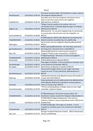 Sheet1
                                        Para tener las buena ideas, The boardroom is dead, Long live
RezaGhassemi      25/10/2012 13:05:34   the livingroom #quirky #eec12
                                        best ideas come from the livingroom, the board room is
                                        dead. we all invent and is time to do it together
maytebareno       25/10/2012 13:05:36   @benkaufman en #EEC12
                                        "Ningún inventor puede ser tan exitoso como una
                                        comunidad entera", la filosofía @quirky según su fundador,
adigital_org      25/10/2012 13:05:39   @benkaufman #EEC12
                                        @benkaufman "it,s not only crowdsourcing, it,s community,
                                        it,s conversation. We all invent, let,s do it together" en
GuzmanDeBenito    25/10/2012 13:06:00   #EEC12
                                        RT @AliciaDavara: #EEC12 Ben #Kaufman Ceo #Quirky We
TheMERCEDESPL     25/10/2012 13:06:03   Make Innvention Accessible http://t.co/qMhrzUkp
                                        We all invent, let's do it together! @quirky @benkaufman
albertogmz        25/10/2012 13:06:07   #EEC12
                                        Really inspiring @benkaufman : the new ideas come from
gemmadiazarenas   25/10/2012 13:06:07   the living room, the board room is dead #EEC12
                                        @quirky @benkaufman soooooo great invention!!!
pilar_hdz         25/10/2012 13:06:10   Congrats! Thanks to your crazy parents ,-))) #EEC12
                                        RT @gminayolopez: "All invent, it's time to do together"
TheMERCEDESPL     25/10/2012 13:06:26   @benkaufman #EEC12
bmanchado         25/10/2012 13:06:34   brilliant @benkaufman @quirky #EEC12
                                        Dime algo y lo olvidaré, si me lo muestras lo recordaré, pero
SeniorManager     25/10/2012 13:06:53   si me involucras lo entenderé. #EEC12
MJ_digital        25/10/2012 13:06:57   Necesitamos un @quirky en España YA #EEC12
                                        Tell me and I'll forget. Show me and I might remember.
                                        Involve me and I 'll truly understand. @benkaufman en
MartaRodriguezA   25/10/2012 13:07:02   #EEC12
                                        Espectacular proyecto el de @quirky aunque sólo posible en
elhierrog         25/10/2012 13:07:06   un país como EEUU #EEC12
                                        Estoy alucinando con la increíble ponencia de @benkaufman
                                        sobre @quirky ¡Realmente inspiradora! ¡Juntos podemos
fermazap          25/10/2012 13:07:09   hacer un mundo mejor! #EEC12
                                        "Tell me something &amp, ill forget, show me and I might
marisolmenendez   25/10/2012 13:07:09   remember. Involve me &amp

                                      RT @RezaGhassemi: Para tener las buena ideas, The
TheMERCEDESPL     25/10/2012 13:07:10 boardroom is dead, Long live the livingroom #quirky #eec12
                                      RT #ONTSIB2C12 @gomezdelpozuelo "Hay más de 2
                                      millones y medio d nuevos compradores online" #EEC12 Vía
vcordonr          25/10/2012 13:07:18 @redpuntoes
                                      RT @SeniorManager: Dime algo y lo olvidaré, si me lo
                                      muestras lo recordaré, pero si me involucras lo entenderé.
InstitutoInesdi   25/10/2012 13:07:18 #EEC12
                                      Qué gran verdad de Benjamin Franklin... #EEC12 #inspiration
pilar_hdz         25/10/2012 13:07:45 http://t.co/AEb59Lqp



                                          Page 136
 
