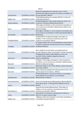 Sheet1
                                        @toyoutomeblog Nosotros pensamos que sí. Incluir
                                        elementos de juego en procesos de compra es rentable a la
wonnovacom        25/10/2012 13:18:32   par que divertido ,) #EEC12
                                        Thanks @benkaufman for coming to #EEC12. It's been an
adigital_org      25/10/2012 13:18:41   inspiring presentation!
                                        RT @hectoriglesiasm: Ahora todos queremos volver a ser
wearereallysexy   25/10/2012 13:18:47   inventores. Fantastico @benkaufman #eec12
                                        "Dime algo y lo olvidaré, si me lo muestras lo recordaré, xo
                                        si me involucras lo entenderé" @benkaufman #EEC12 /vía
ipatri            25/10/2012 13:18:50   @seniormanager
                                        Dime algo y lo olvidaré, si me lo muestras lo recordaré, pero
                                        si me involucras lo entenderé. Franklin #socialmedia #EEC12
AchinchillaA      25/10/2012 13:18:53   #Marketing
                                        RT @lacatedral: RT @seniormanager: Dime algo y lo
                                        olvidaré, si me lo muestras lo recordaré, pero si me
TheMERCEDESPL     25/10/2012 13:18:57   involucras lo entenderé. #EEC12
                                        Un equipo siempre tiene más posibilidades de desarrollar en
                                        conjunto una idea que una persona sola. Esa es la filosofía
asiergapa         25/10/2012 13:18:59   de @Quirky #EEC12

                                        Venir a #EEC12, conocer gente como @benkaufman,
marialazaro       25/10/2012 13:19:00   descubrir @quirky, pensar ¡qué pasada! Y quedar encantada
                                        RT @agoranews: #eec12 sigue adelante ¿Lo ves con
                                        nosotros? Ahora el público pregunta al ponente
asierarranz       25/10/2012 13:19:08   http://t.co/jXoMob5d
                                        RT @ipatri: "Dime algo y lo olvidaré, si me lo muestras lo
                                        recordaré, xo si me involucras lo entenderé" @benkaufman
Mejias3D          25/10/2012 13:19:11   #EEC12 /vía @seniormanager
                                        #kickstarter helps to rise money. #quirky is about execution.
KerriaRose        25/10/2012 13:19:20   Gran visión. #EEC12
                                        Algún inventor para baterías de móvil que duren más? :-(( O
pilar_hdz         25/10/2012 13:19:52   que las saquen al mercado ya... #EEC12
                                        RT @InstitutoInesdi: Lo que hemos hecho en Tecnología la
                                        última década no es invención, sino innovación.
Davidhachette     25/10/2012 13:20:09   @benkaufman en #EEC12

marisolmenendez   25/10/2012 13:20:21 Great and inspiring speech @benkaufman @quirky #EEC12
                                      Great, great, great... Listening AC/DC Highway to hell at
antxon            25/10/2012 13:20:28 #EEC12
                                      Es genial este hombre @benkaufman "Dime algo y lo
                                      olvidare, si me lo muestras lo recordaré pero si me lo
PedroPMerino      25/10/2012 13:20:28 involucras lo entendere" #EEC12
                                      Suena AC/DC en la previa a la presentacion de Waze en
rtayar            25/10/2012 13:20:34 #eec12 Es un gran comienzo oiga!
                                      "Highway to Hell" para introducir a Uri Levine, presidente y
adigital_org      25/10/2012 13:20:42 co-fundador de @waze #EEC12



                                           Page 145
 