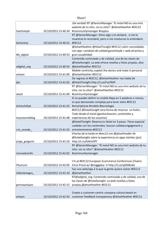 Sheet1
                                       ¡De verdad! RT @SeniorManager "El móvil NO es una mini
                                       website de tu sitio. ¡es tu sitio!" @JetsetHeather #EEC12
hatchsteph       25/10/2012 15:40:34   #communitymanager #ivyplus
                                       RT @SeniorManager: Dime algo y lo olvidaré, si me lo
                                       muestras lo recordaré, pero si me involucras lo entenderé.
KarlosVox        25/10/2012 15:40:52   #EEC12
                                       @JetsetHeather @HotelTonight #EEC12 cubrir necesidades
                                       con app + produto de calidad garantizada + web atractiva y
MJ_digital       25/10/2012 15:40:53   gran usuabilidad
                                       Contenido controlado y de calidad, una de las claves de
                                       @hoteltonight. La web ofrece reseñas y fotos propias, dice
adigital_org     25/10/2012 15:40:54   @jetsetheather #EEC12
                                       Mobile-centricity, exploit the device and make it personal
antxon           25/10/2012 15:41:00   @JetsetHeather #EEC12
                                       De regreso al #EEC12, @JetsetHeather nos habla de
jbo              25/10/2012 15:41:03   @HotelTonight http://t.co/FuLFRiiP
                                       RT @SeniorManager: "El móvil NO es una mini website de tu
                                       sitio. ¡es tu sitio!" @JetsetHeather #EEC12
atach            25/10/2012 15:41:09   #communitymanager
                                       Si no puedes definir tu mobile #app en 5 palabras o menos,
                                       es que demasiado compleja para tener éxito #EEC12
AchinchillaA     25/10/2012 15:41:35   #smartphone #mobile #tecnología
                                       #EEC12 @hoteltonight otra forma de reservar un hotel...
                                       Todo desde el móvil (geolocslizacion, contenidos y
toyoutomeblog    25/10/2012 15:41:48   experiencias de los usuarios)
                                       @HotelTonight: Reserva tu Hotel en 3 pasos. Tiene especial
                                       cuidado con los contenidos: buscan calidad,engagement y
cris_aranda_     25/10/2012 15:41:53   entretenimiento.#EEC12
                                       Charlas de la tarde en #eec12 con @jetsetheader de
                                       @hoteltonight sobre la experiencia en apps móviles [pic]:
jorge_gregorio   25/10/2012 15:41:54   http://t.co/foKml3fY
                                       RT @SeniorManager: "El móvil NO es una mini website de tu
                                       sitio. ¡es tu sitio!" @JetsetHeather #EEC12
morvedreinfo     25/10/2012 15:42:02   #communitymanager

                                     I'm at #EEC12 European Ecommerce Conferences (Teatro
FKumuro          25/10/2012 15:42:05 Circo Price) w/ @argggdua → http://t.co/ajOD8cAd
                                     haz una web/app a la que la.gente quiera volver #EEC12
LMontenegro_     25/10/2012 15:42:10 @jetsetheather
                                     RT@adigital_org: Contenido controlado y de calidad, una de
                                     las claves de @hoteltonight. La web reseñas y fotos
gminayolopez     25/10/2012 15:42:15 propias,@jetsetheather #EEC12

                                     Create a customer-centric company culture based on
antxon           25/10/2012 15:42:35 customer feedback transparency @JetsetHeather #EEC12




                                         Page 166
 