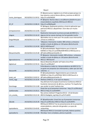 Sheet1
                                        RT @javiercuervo: Inglaterra es el Hub europeo porque no
                                        hay notarios y está el dinero @inma_martinez en #EEC12
marta_dominguez   24/10/2012 21:59:52   http://t.co/bC46Q5if
                                        RT @ejoana: Buenas ideas y una @buena plataforma para
                                        emprendedores españoles #EEClaunch #EEC12
SP_EF             24/10/2012 22:08:24   http://t.co/BlxB1paM
                                        RT @olaguia: Realmente práctica y chula la aplicación que
                                        patrocina #EEC12. @spotlinker. Gran idea con mucho
enriqueoconnor    24/10/2012 22:12:04   futuro!!
                                        Realmente interesante la primera jornada del #EEC12 y
olaguia           24/10/2012 22:16:10   algunas de las nuevas startups me han gustado mucho
                                        @echaleku nice to meet you!! He sacado cosas interesantes
DiegoFMeijide     24/10/2012 22:17:20   al final en el #EEC12
                                        "@ejoana: Interesante modelo: 800 artistas y artesanos
                                        venden a través de @etsy en 150 países @stinchcomb
auzkiza           24/10/2012 22:24:58   #EEC12 #EEClaunch"
                                        RT @luisdiazdeldedo: Registrándome para la beta de
                                        EDENES en http://t.co/oPZBwADM #EEC12 #EEClaunch cc
MaryemCastillo    24/10/2012 22:25:40   @Trykita @MaryemCastillo :D
                                        RT @ejoana: Interesante modelo: 800 artistas y artesanos
                                        venden a través de @etsy en 150 países @stinchcomb
dgonzaleztorres   24/10/2012 22:51:26   #EEC12 #EEClaunch
                                        #eec12 #eventos #madrid @ Teatro Circo Price
digitalcual       24/10/2012 22:59:14   http://t.co/JRGxJbrT
                                        Enhorabuena a todos los #emprendedores del #EEC12! Es
                                        un gusto ver proyectos tan interesantes y saber que aún hay
MariamPB          24/10/2012 23:01:50   valientes. :-)
                                        RT @luisdiazdeldedo: Registrándome para la beta de
                                        EDENES en http://t.co/kfrfVQcF #EEC12 #EEClaunch cc
josek_net         24/10/2012 23:05:52   @Trykita @MaryemCastillo :D
marta_mgp         24/10/2012 23:10:34   Mañana al #EEC12. A ver qué nos depara...
                                        Hoy disfruté d la European Ecommerce Conference #EEC12
                                        Excelente intervención de @inma_martinez "En España hay
Sorarteaga        24/10/2012 23:11:00   que vender la moto"mañana mas
                                        Great line up of presenters tomorrow - http://t.co/ZN1v6uLi
JackGonzalez      24/10/2012 23:20:21   #EEC12 http://t.co/Z5vKlHFv
                                        Nos vemos mañana!! Programa EEC12 - 25 de Octubre
cris_aranda_      24/10/2012 23:21:34   #EEC12 #adigital_org http://t.co/YnTroXCO

                                      RT @JackGonzalez: Great line up of presenters tomorrow -
QGuide            24/10/2012 23:25:39 http://t.co/ZN1v6uLi #EEC12 http://t.co/Z5vKlHFv
                                      #EEClaunch #EEC12 Tras las presentaciones de los proyectos
                                      emprendedores, selección del ganador y un poco de
apoloalberto      24/10/2012 23:42:05 networking.
                                      #EEClaunch #EEC12 Concluida la jornada, balance positivo.
apoloalberto      24/10/2012 23:43:08 Moraleja: fuera complejos, piensa en grande.



                                           Page 39
 
