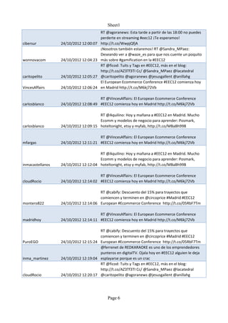 Sheet1
                                        RT @agoranews: Esta tarde a partir de las 18:00 no puedes
                                        perderte en streaming #eec12 ¡Te esperamos!
cibersur          24/10/2012 12:00:07   http://t.co/WwpjQfjA
                                        ¡Nosotros también estaremos! RT @Sandra_MPaez:
                                        Deseando ver a @waze_es para que nos cuente un poquito
wonnovacom        24/10/2012 12:04:23   más sobre #gamification en la #EEC12
                                        RT @ficod: Tuits y Tags en #EEC12, más en el blog:
                                        http://t.co/AZ3Tf3TI Cc/ @Sandra_MPaez @lacatedral
caritopelito      24/10/2012 12:05:27   @caritopelito @agoranews @jesusgallent @anillahg
                                        El European Ecommerce Conference #EEC12 comienza hoy
VincesAffairs     24/10/2012 12:06:24   en Madrid http://t.co/M6kj72Vb

                                      RT @VincesAffairs: El European Ecommerce Conference
carlosblanco      24/10/2012 12:08:49 #EEC12 comienza hoy en Madrid http://t.co/M6kj72Vb

                                      RT @Aquilino: Hoy y mañana a #EEC12 en Madrid. Mucho
                                      Ecomm y modelos de negocio para aprender: Posmark,
carlosblanco      24/10/2012 12:09:15 hoteltonight, etsy y myfab, http://t.co/MBaBh99B

                                      RT @VincesAffairs: El European Ecommerce Conference
mfargas           24/10/2012 12:11:21 #EEC12 comienza hoy en Madrid http://t.co/M6kj72Vb

                                      RT @Aquilino: Hoy y mañana a #EEC12 en Madrid. Mucho
                                      Ecomm y modelos de negocio para aprender: Posmark,
inmacastellanos   24/10/2012 12:12:04 hoteltonight, etsy y myfab, http://t.co/MBaBh99B

                                      RT @VincesAffairs: El European Ecommerce Conference
cloudRocio        24/10/2012 12:14:02 #EEC12 comienza hoy en Madrid http://t.co/M6kj72Vb

                                      RT @cabify: Descuento del 15% para trayectos que
                                      comiencen y terminen en @circoprice #Madrid #EEC12
montero822        24/10/2012 12:14:06 European #Ecommerce Conference http://t.co/05RbF7Tm

                                      RT @VincesAffairs: El European Ecommerce Conference
madridhoy         24/10/2012 12:14:11 #EEC12 comienza hoy en Madrid http://t.co/M6kj72Vb

                                      RT @cabify: Descuento del 15% para trayectos que
                                      comiencen y terminen en @circoprice #Madrid #EEC12
PuroEGO           24/10/2012 12:15:24 European #Ecommerce Conference http://t.co/05RbF7Tm
                                      @ferrenet de REDKARAOKE es uno de los emprendedores
                                      punteros en digitalTV. Ojala hoy en #EEC12 alguien le deja
inma_martinez     24/10/2012 12:19:04 esplayarse porque es un crac
                                      RT @ficod: Tuits y Tags en #EEC12, más en el blog:
                                      http://t.co/AZ3Tf3TI Cc/ @Sandra_MPaez @lacatedral
cloudRocio        24/10/2012 12:20:17 @caritopelito @agoranews @jesusgallent @anillahg




                                            Page 6
 