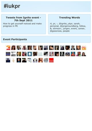 #iukpr
  Tweets from Ignite event -                   Trending Words
       7th Sept 2011
How to get yourself noticed and make   rt, pr, -, @ignite_ukpr, sarah,
progress in PR                         personal, @jorgensundberg, follow,
                                       &, stimson:, jorgen, event, career,
                                       @gooorooo, people



Event Participants
 