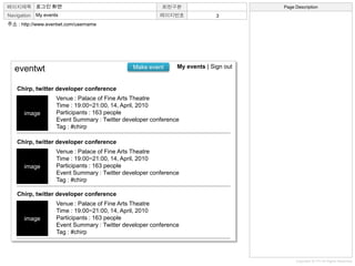 ??? ??My events?? : http://www.eventwt.com/usernameeventwtMy events | Sign outMake eventChirp, twitter developer conferenceVenue : Palace of Fine Arts TheatreTime : 19:00~21:00, 14, April, 2010Participants : 163 peopleEvent Summary : Twitter developer conferenceTag : #chirp imageChirp, twitter developer conferenceVenue : Palace of Fine Arts TheatreTime : 19:00~21:00, 14, April, 2010Participants : 163 peopleEvent Summary : Twitter developer conferenceTag : #chirp imageChirp, twitter developer conferenceVenue : Palace of Fine Arts TheatreTime : 19:00~21:00, 14, April, 2010Participants : 163 peopleEvent Summary : Twitter developer conferenceTag : #chirp image