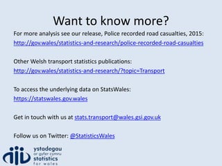 Want to know more?
For more analysis see our release, Police recorded road casualties, 2015:
http://gov.wales/statistics-and-research/police-recorded-road-casualties
Other Welsh transport statistics publications:
http://gov.wales/statistics-and-research/?topic=Transport
To access the underlying data on StatsWales:
https://statswales.gov.wales
Get in touch with us at stats.transport@wales.gsi.gov.uk
Follow us on Twitter: @StatisticsWales
 