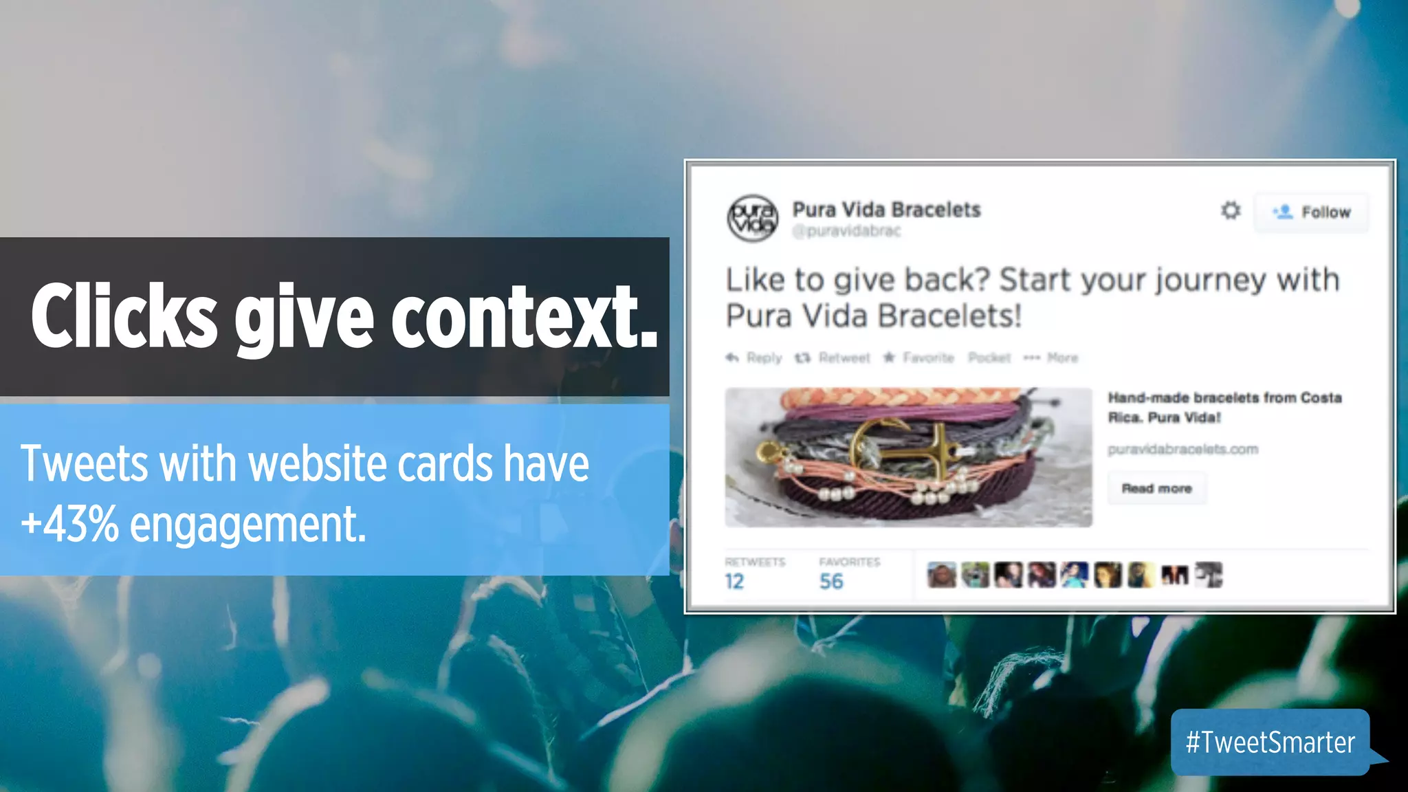 #SmallGoesBig 
Clicks give context. 
Tweets with website cards have 
+43% engagement. 
#TweetSmarter 
 