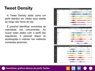 Tweet Density
 A Tweet Density exibe como um
perfil distribui em média seus tweets
ao longo das horas do dia.
  É possível identificar momentos de
inatividade nos concorrentes. Ao
cruzar estes dados com o perfil dos
seguidores, é possível dispor as
atualizações e notícias nos melhores
momentos possíveis.




TweetStats: gráficos básicos de perfis Twitter
 