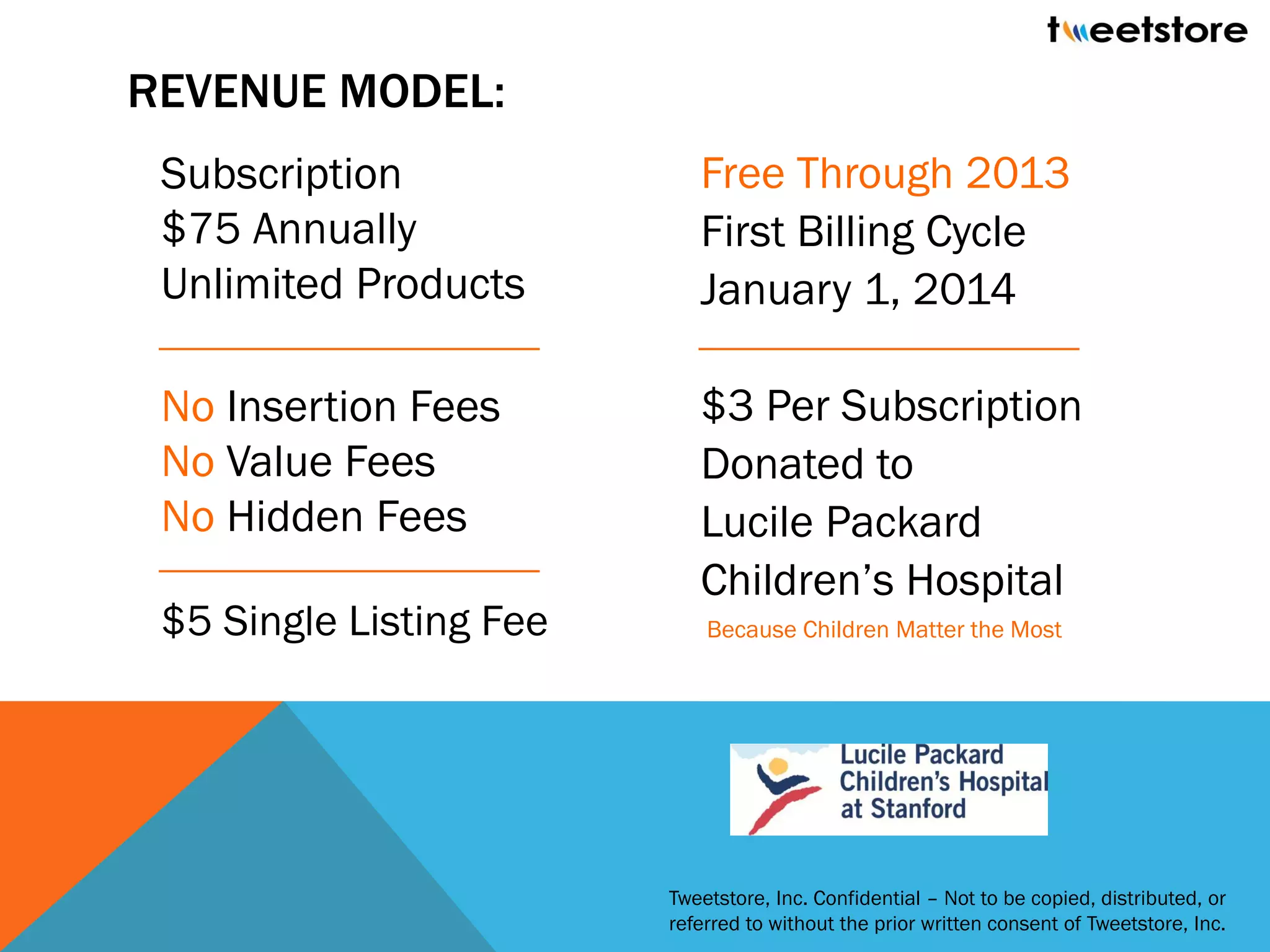 REVENUE MODEL:
 Subscription               Free Through 2013
 $75 Annually               First Billing Cycle
 Unlimited Products         January 1, 2014

 No Insertion Fees          $3 Per Subscription
 No Value Fees              Donated to
 No Hidden Fees             Lucile Packard
                            Children’s Hospital
 $5 Single Listing Fee       Because Children Matter the Most




                         Tweetstore, Inc. Confidential – Not to be copied, distributed, or
                         referred to without the prior written consent of Tweetstore, Inc.
 