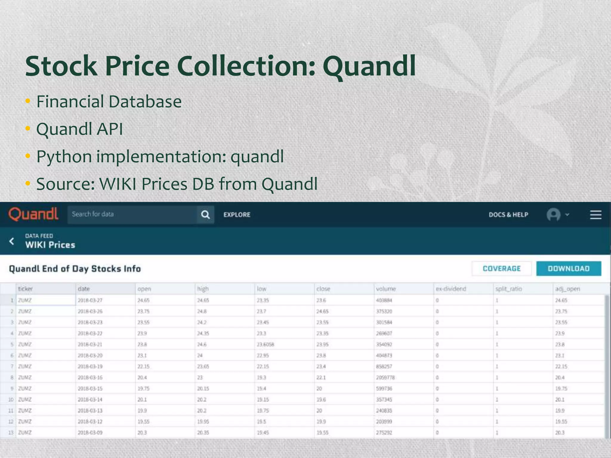 Stock Price Collection: Quandl
• Financial Database
• Quandl API
• Python implementation: quandl
• Source: WIKI Prices DB from Quandl
 
