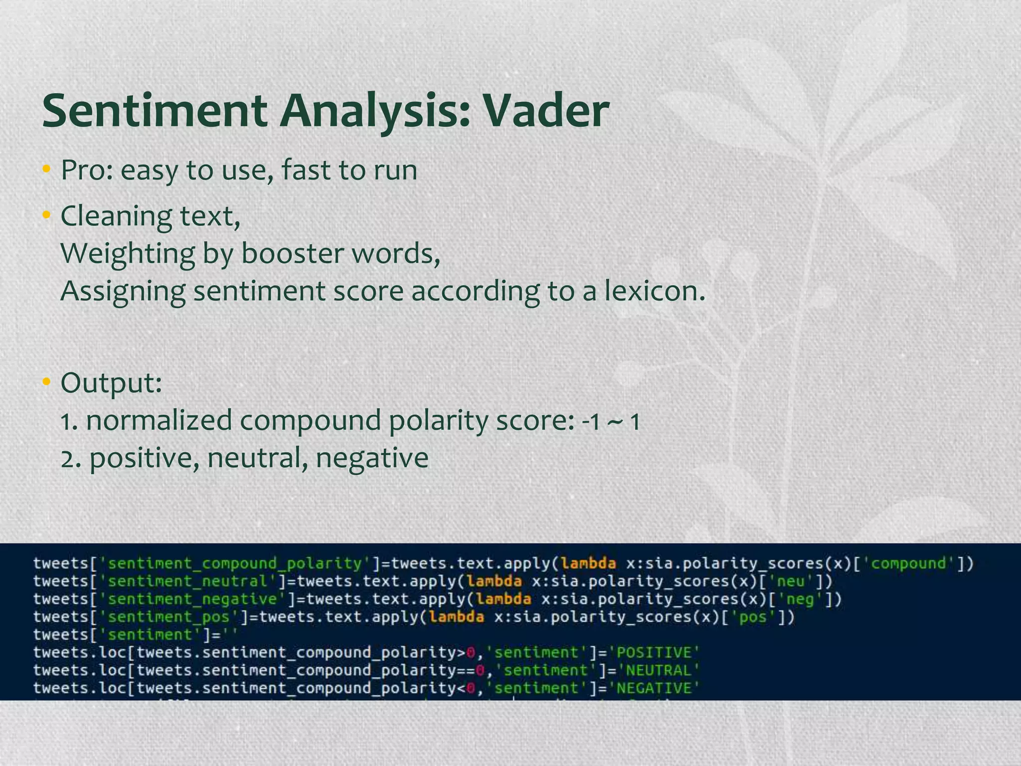 Sentiment Analysis: Vader
• Pro: easy to use, fast to run
• Cleaning text,
Weighting by booster words,
Assigning sentiment score according to a lexicon.
• Output:
1. normalized compound polarity score: -1 ~ 1
2. positive, neutral, negative
 