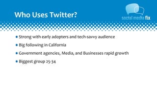 Who	
  Uses	
  Twitter?

•Strong	
  with	
  early	
  adopters	
  and	
  tech-­‐savvy	
  audience
•Big	
  following	
  in	
  California
•Government	
  agencies,	
  Media,	
  and	
  Businesses	
  rapid	
  growth
•Biggest	
  group	
  25-­‐34
 