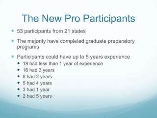 The New Pro Participants
 53 participants from 21 states
 The majority have completed graduate preparatory
  programs
 Participants could have up to 5 years experience
     19 had less than 1 year of experience
     16 had 3 years
     8 had 2 years
     5 had 4 years
     3 had 1 year
     2 had 5 years
 