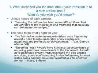 1. What surprised you the most about your transition in to
                   a new professional?
             What do you wish you’d known?
 Unique nature of each campus
   “Learning the culture has been more difficult than I had
     thought due to the intricacies and traditions that make my
     current institution unique.”

 The need to do what’s right for you!
   “I’ve learned to make the opportunities I want happen by
    myself. I need to take ownership of my experience,
    happiness and professional development.” –Tom, George
    Mason (VA)
   “The thing I wish I would have known is the importance of
    honoring your own needs/wants in the job search. I would
    have benefitted greatly from respecting my own wishes
    and doing some soul searching instead of moving forward
    with a cross country move that resulted in a lot of stress
    for me.” –Vince, Stetson
 