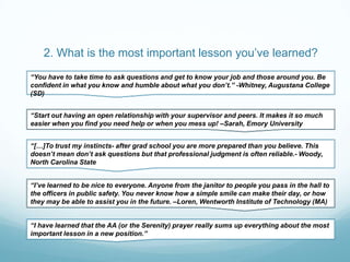 2. What is the most important lesson you’ve learned?
“You have to take time to ask questions and get to know your job and those around you. Be
confident in what you know and humble about what you don’t.” -Whitney, Augustana College
(SD)


“Start out having an open relationship with your supervisor and peers. It makes it so much
easier when you find you need help or when you mess up! –Sarah, Emory University


“[…]To trust my instincts- after grad school you are more prepared than you believe. This
doesn’t mean don’t ask questions but that professional judgment is often reliable.- Woody,
North Carolina State


“I’ve learned to be nice to everyone. Anyone from the janitor to people you pass in the hall to
the officers in public safety. You never know how a simple smile can make their day, or how
they may be able to assist you in the future. –Loren, Wentworth Institute of Technology (MA)


“I have learned that the AA (or the Serenity) prayer really sums up everything about the most
important lesson in a new position.”
 