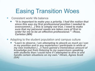 Easing Transition Woes
 Consistent work/ life balance
     “It is important to make you a priority. I had the notion that
      since this was my first professional position I needed to
      overcommit […] this is simply not true. I need to make
      sure that my personal needs are taken care of first in
      order for me to be an effective professional.” –Rose,
      Carleton (MN)

 Adapting to the student population and campus culture
   “Learn to observe. I am attempting to absorb as much as I can
      in my position and in any experience I participate in while at
      my new institution […] I have gained a tremendous amount of
      knowledge just from listening to my supervisors speaking
      with students than I could have if I attempted to dive in and
      handle certain situations on my own.”-Hiram, Agnes Scott
      (GA)
 