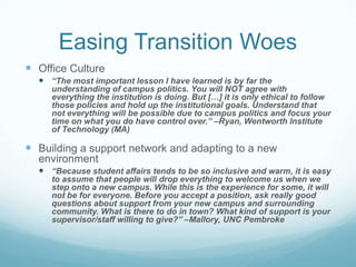 Easing Transition Woes
 Office Culture
   “The most important lesson I have learned is by far the
     understanding of campus politics. You will NOT agree with
     everything the institution is doing. But […] it is only ethical to follow
     those policies and hold up the institutional goals. Understand that
     not everything will be possible due to campus politics and focus your
     time on what you do have control over.” –Ryan, Wentworth Institute
     of Technology (MA)

 Building a support network and adapting to a new
  environment
   “Because student affairs tends to be so inclusive and warm, it is easy
     to assume that people will drop everything to welcome us when we
     step onto a new campus. While this is the experience for some, it will
     not be for everyone. Before you accept a position, ask really good
     questions about support from your new campus and surrounding
     community. What is there to do in town? What kind of support is your
     supervisor/staff willing to give?” –Mallory, UNC Pembroke
 