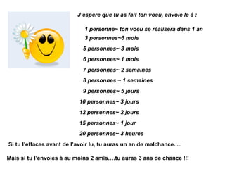J’espère que tu as fait ton voeu, envoie le à :
Mais si tu l’envoies à au moins 2 amis….tu auras 3 ans de chance !!!
Si tu l’effaces avant de l’avoir lu, tu auras un an de malchance.....
20 personnes~ 3 heures
15 personnes~ 1 jour
12 personnes~ 2 jours
10 personnes~ 3 jours
9 personnes~ 5 jours
8 personnes ~ 1 semaines
7 personnes~ 2 semaines
6 personnes~ 1 mois
5 personnes~ 3 mois
3 personnes~6 mois
1 personne~ ton voeu se réalisera dans 1 an
 