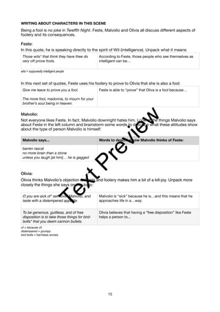 WRITING ABOUT CHARACTERS IN THIS SCENE
Being a fool is no joke in Twelfth Night. Feste, Malvolio and Olivia all discuss different aspects of
foolery and its consequences.
Feste:
In this quote, he is speaking directly to the spirit of Wit (intelligence). Unpack what it means:
wits = supposedly intelligent people
In this next set of quotes, Feste uses his foolery to prove to Olivia that she is also a fool:
Malvolio:
Not everyone likes Feste. In fact, Malvolio downright hates him. Look at the things Malvolio says
about Feste in the left column and brainstorm some words to describe what these attitudes show
about the type of person Malvolio is himself:
Olivia:
Olivia thinks Malvolio’s objection to Feste and foolery makes him a bit of a kill-joy. Unpack more
closely the things she says on this topic:
of = because of;
distempered = grumpy
bird bolts = harmless arrows
Those wits* that think they have thee do
very oft prove fools.
According to Feste, those people who see themselves as
intelligent can be…
Give me leave to prove you a fool.
The more fool, madonna, to mourn for your
brother’s soul being in heaven.
Feste is able to “prove” that Oliva is a fool because…
Malvolio says... Words to describe how Malvolio thinks of Feste:
barren rascal
no more brain than a stone
unless you laugh [at him]… he is gagged
O you are sick of* self-love, Malvolio, and
taste with a distempered appetite.
Malvolio is “sick” because he is…and this means that he
approaches life in a…way.
To be generous, guiltless, and of free
disposition is to take those things for bird-
bolts* that you deem cannon bullets.
Olivia believes that having a “free disposition” like Feste
helps a person to...
15
T
e
x
t
P
r
e
v
i
e
w
 
