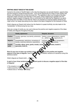 WRITING ABOUT IDEAS IN THIS SCENE
Central to the whole of Twelfth Night, is the idea that disguises can provide freedom, opportunities
and the change to reveal emotional truths - such as the opportunity for Viola to work closely with
Orsino, and therefore find out that she loves him. The opposite is also true throughout the play:
disguises create confusion and disorder. In this scene, Viola is beginning to grapple with this
second, negative aspect of disguise. She is confronted by the idea that her disguise is so good,
that Olivia has now fallen in love with her. Here is an example of a typical analytic sentence you
might write in an essay discussing the two sides to the idea of disguise for the character of Viola:
Viola’s disguise as Cesario both allows her the freedom to speak truthfully, but also leads to the
“wickedness” of Olivia loving her as a man.
Here are a range of words you can use to discuss the positive and negative aspects of the ideas
of reality and disguise throughout the play:
Now it’s your turn to have a go writing a basic sentence about the positive and negative
aspects of the idea of disguise. Have a go writing three different versions of a sentence using this
sentence starter:
Viola’s disguise as Cesario both..., but also...
In each of your three sentences, use a different quote to discuss a negative aspect of the idea
of disguise:
• The situation is now a “knot”
• Olivia would be “better” to “love a dream”
• Olivia’s love is “thriftless” (pointless)
Reality, appearance Disguise, deception
Positive honesty, openness, true identity, authenticity,
balance
freedom, power, independence, capacity
to..., ability to..., play, opportunity to,
Negative powerlessness, restrictions, conventions of
society, customary behaviour, expectations
confusion, entanglement, transgression,
pointlessness, unnaturalness
Analytic
verbs
provides, allows, gives, grants, reveals, causes, leads to, creates, results in,
generates, limits to,
25
T
e
x
t
P
r
e
v
i
e
w
 