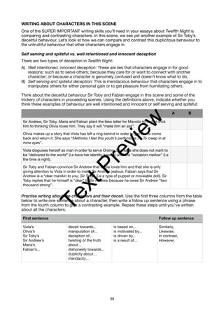 WRITING ABOUT CHARACTERS IN THIS SCENE
One of the SUPER IMPORTANT writing skills you’ll need in your essays about Twelfth Night is
comparing and contrasting characters. In this scene, we see yet another example of Sir Toby’s
deceitful behaviour. Let’s look at how we can compare and contrast this duplicitous behaviour to
the untruthful behaviour that other characters engage in.
Self serving and spiteful vs. well intentioned and innocent deception
There are two types of deception in Twelfth Night:
A) Well intentioned, innocent deception: These are lies that characters engage in for good
reasons: such as to serve others; because they care for or want to connect with another
character; or because a character is genuinely confused and doesn’t know what to do.
B) Self serving and spiteful deception: This is mendacious behaviour that characters engage in to
manipulate others for either personal gain or to get pleasure from humiliating others.
Think about the deceitful behaviour Sir Toby and Fabian engage in this scene and some of the
trickery of characters in proceeding scenes. Using the definitions above, indicate whether you
think these examples of behaviour are well intentioned and innocent or self serving and spiteful:
Practise writing about the characters and their deceit. Use the first three columns from the table
below to write one sentence about a character, then write a follow up sentence using a phrase
from the fourth column to give a contrasting example. Repeat these steps until you’ve written
about all the characters.
A B
Sir Andrew, Sir Toby, Maria and Fabian plant the fake letter for Mavolio to find to trick
him to thinking Olivia loves him. They say it will “make him an ass”.
Olivia makes up a story that Viola has left a ring behind in order to get her to come
back and return it. She says “Methinks I feel this youth’s perfections / ...To creep in at
mine eyes”.
Viola disguises herself as man in order to serve Orsino. She says she does not want to
be “delivered to the world” (i.e have her identity known) until the “occasion mellow” (i.e
the time is right).
Sir Toby and Fabian convince Sir Andrew that Olivia loves him and that she is only
giving attention to Viola in order to make Sir Andrew jealous. Fabian says that Sir
Andrew is a “dear manikin to you, Sir Toby” (i.e a type of puppet or moveable doll). Sir
Toby replies that he himself is “dear” to Sir Andrew because he owes Sir Andrew “two
thousand strong”.
First sentence Follow up sentence
Viola’s
Olivia’s
Sir Toby’s
Sir Andrew’s
Maria’s
Fabian’s...
deceit towards...
manipulation of...
deception of...
twisting of the truth
about...
dishonesty towards...
duplicity about…
mendacity…
is based on...
is motivated by...
is driven by...
is a result of...
Similarly,
Likewise,
In contrast,
However,
39
T
e
x
t
P
r
e
v
i
e
w
 