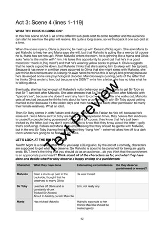 Act 3: Scene 4 (lines 1-119)
WHAT THE HECK IS GOING ON?
In this final scene of Act 3, all of the different sub-plots start to come together and the audience
can start to see how the play will resolve. It’s quite a long scene, so we’ll unpack it one sub-plot at
a time.
When the scene opens, Olivia is planning to meet up with Cesario (Viola) again. She asks Maria to
get Malvolio to help her and Maria says she will, but that Malvolio is acting like a weirdo (of course
he is, Maria has set him up!). When Malvolio enters the room, he is grinning like a hyena and Olivia
asks “what is the matter with” him. He takes this opportunity to point out that he’s in a good
mood (not “black in [his] mind”) and that he’s wearing yellow socks to prove it. Olivia suggests
that he needs a good lie down, but Malvolio thinks that she’s asking him to sleep with her (gross!).
Because it has never in a million years occurred to Olivia that she might sleep with Malvolio, she
just thinks he’s bonkers and is kissing his own hand (he thinks this is sexy!) and grinning because
he’s developed some rare psychological disorder. Malvolio keeps quoting parts of the letter that
he thinks Olivia wrote to him, but because she DIDN’T write him a letter, she has no idea what he
is talking about.
Eventually, she has had enough of Malvolio’s nutty behaviour and asks Maria to get Sir Toby so
that Sir T can look after Malvolio. She also stresses that Sir Toby should look after Malvolio with
“special care”, because she doesn’t want any harm to come to him. After she walks out, Malvolio
gets all excited because he thinks he’s about to have a conversation with Sir Toby about getting
married to her (because it’s the olden days and men have to ask each other permission to marry
their female relatives). What an idiot.
Then Sir Toby comes in with Fabian and Maria; Malvolio tells Fabian to nick off, because he’s
irrelevant. Since Maria and Sir Toby are living in Shakespearean times, they believe that madness
is caused by people being possessed by the devil (of course, they know that he’s just been
tricked by the letter, but they don’t want Malvolio to know that they know about the letter - golly
that’s confusing). Fabian and Maria keep emphasising that they should be gentle with Malvolio,
but in the end Sir Toby (having first suggested they “hang him” - extreme) takes him off to a dark
room where he’s going to tie Malvolio up. Nice.
LET’S LOOK AT THE BIG PICTURE:
Twelfth Night is a comedy (that’s why you keep LOLing) and, by the end of a comedy, characters
are supposed to get what they deserve. So Malvolio is about to be punished for being an uppity
snob. BUT, here’s the thing that you should do as an audience…do you think that the punishment
is an appropriate punishment? Think about all of the characters so far, and what they have
done and decide whether they deserve a happy ending or a punishment:
Character What they have done Extenuating circumstances Do they deserve
punishment or reward?
Malvolio Been a stuck-up pain in the
backside, thought that he
deserved to marry Olivia
He was tricked
Sir Toby Leeches off Olivia and is
constantly drunk
Tricked Sir Andrew
About to harshly punish Malvolio
Erm, not really any
Maria Has tricked Malvolio Malvolio was rude to her
Thinks Malvolio should be
treated gently
42
T
e
x
t
P
r
e
v
i
e
w
 