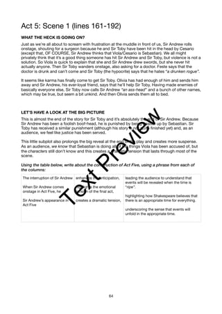Act 5: Scene 1 (lines 161-192)
WHAT THE HECK IS GOING ON?
Just as we’re all about to scream with frustration at the muddle in front of us, Sir Andrew rolls
onstage, shouting for a surgeon because he and Sir Toby have been hit in the head by Cesario
(except that, OF COURSE, Sir Andrew thinks that Viola/Cesario is Sebastian). We all might
privately think that it’s a good thing someone has hit Sir Andrew and Sir Toby, but violence is not a
solution. So Viola is quick to explain that she and Sir Andrew drew swords, but she never hit
actually anyone. Then Sir Toby wanders onstage, also asking for a doctor. Feste says that the
doctor is drunk and can’t come and Sir Toby (the hypocrite) says that he hates “a drunken rogue”.
It seems like karma has finally come to get Sir Toby. Olivia has had enough of him and sends him
away and Sir Andrew, his ever-loyal friend, says that he’ll help Sir Toby. Having made enemies of
basically everyone else, Sir Toby now calls Sir Andrew “an ass-head” and a bunch of other names,
which may be true, but seem a bit unkind. And then Olivia sends them all to bed.
LET’S HAVE A LOOK AT THE BIG PICTURE
This is almost the end of the story for Sir Toby and it’s absolutely the end of Sir Andrew. Because
Sir Andrew has been a foolish boof-head, he is punished by being beaten up by Sebastian. Sir
Toby has received a similar punishment (although his story is not quite finished yet) and, as an
audience, we feel like justice has been served.
This little subplot also prolongs the big reveal at the end of the play and creates more suspense.
As an audience, we know that Sebastian is doing all of the things Viola has been accused of, but
the characters still don’t know and this creates a dramatic tension that lasts through most of the
scene.
Using the table below, write about the construction of Act Five, using a phrase from each of
the columns:
The interruption of Sir Andrew
When Sir Andrew comes
onstage in Act Five, he
Sir Andrew’s appearance in
Act Five
enhances the anticipation,
highlights the emotional
tension of the final act,
creates a dramatic tension,
leading the audience to understand that
events will be revealed when the time is
“ripe”.
highlighting how Shakespeare believes that
there is an appropriate time for everything.
underscoring the sense that events will
unfold in the appropriate time.
64
T
e
x
t
P
r
e
v
i
e
w
 