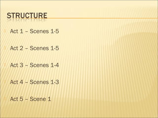 

Act 1 – Scenes 1-5



Act 2 – Scenes 1-5



Act 3 – Scenes 1-4



Act 4 – Scenes 1-3



Act 5 – Scene 1

 