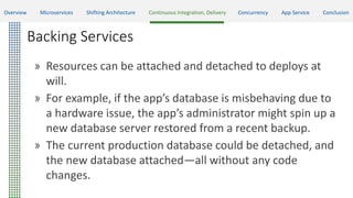 Backing Services
» Resources can be attached and detached to deploys at
will.
» For example, if the app’s database is misbehaving due to
a hardware issue, the app’s administrator might spin up a
new database server restored from a recent backup.
» The current production database could be detached, and
the new database attached—all without any code
changes.
Overview Microservices Shifting Architecture Continuous Integration, Delivery Concurrency App Service Conclusion
 