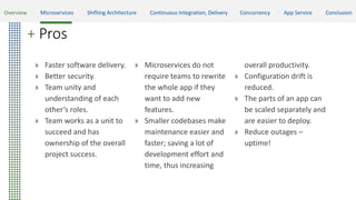 + Pros
» Faster software delivery.
» Better security.
» Team unity and
understanding of each
other’s roles.
» Team works as a unit to
succeed and has
ownership of the overall
project success.
» Microservices do not
require teams to rewrite
the whole app if they
want to add new
features.
» Smaller codebases make
maintenance easier and
faster; saving a lot of
development effort and
time, thus increasing
overall productivity.
» Configuration drift is
reduced.
» The parts of an app can
be scaled separately and
are easier to deploy.
» Reduce outages –
uptime!
Overview Microservices Shifting Architecture Continuous Integration, Delivery Concurrency App Service Conclusion
 