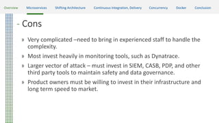 - Cons
» Very complicated –need to bring in experienced staff to handle the
complexity.
» Most invest heavily in monitoring tools, such as Dynatrace.
» Larger vector of attack – must invest in SIEM, CASB, PDP, and other
third party tools to maintain safety and data governance.
» Product owners must be willing to invest in their infrastructure and
long term speed to market.
Overview Microservices Shifting Architecture Continuous Integration, Delivery Concurrency Docker Conclusion
 
