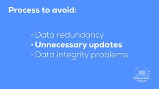 Process to avoid:
• Data redundancy
• Unnecessary updates
• Data integrity problems
 