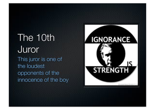 The 10th 
Juror 
This juror is one of 
the loudest 
opponents of the 
innocence of the boy 
 