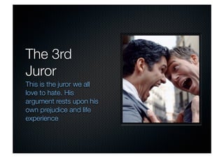 The 3rd 
Juror 
This is the juror we all 
love to hate. His 
argument rests upon his 
own prejudice and life 
experience 
 