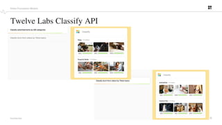 11
PROPRIETARY
Twelve Labs Classify API
Video Foundation Models
 