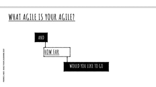 PIERRE
E,
NEIS
-
AGILE
TOUR
LAUSANNE
2021
AND
WHAT AGILE IS YOUR AGILE?
HOW FAR
WOULD YOU LIKE TO GO
 