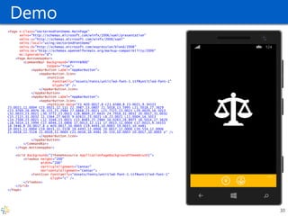 Demo <Page x:Class="VectorAndFontDemo.MainPage" xmlns="http://schemas.microsoft.com/winfx/2006/xaml/presentation" xmlns:x="http://schemas.microsoft.com/winfx/2006/xaml" xmlns:local="using:VectorAndFontDemo" xmlns:d="http://schemas.microsoft.com/expression/blend/2008" xmlns:mc="http://schemas.openxmlformats.org/markup-compatibility/2006" mc:Ignorable="d"> <Page.BottomAppBar> <CommandBar Background="#FFFFB900" IsOpen="True"> <AppBarButton Label="AppBarButton"> <AppBarButton.Icon> <FontIcon FontFamily="Assets/Fonts/untitled-font-1.ttf#untitled-font-1" Glyph="d" /> </AppBarButton.Icon> </AppBarButton> <AppBarButton Label="AppBarButton"> <AppBarButton.Icon> <PathIcon Data="F1 M20.0017,8 C21.6588,8 23.0021,9.34333 23.0021,11.0004 C23.0021,12.111 22.3987,13.0807 21.5018,13.5995 L21.5018,27.3629 C23.9769,26.8976 26.155,25.2984 27.6868,23.0021 L25.7525,23.0021 L29.0029,16.5013 L32.0033,23.0021 L30.3772,23.0021 C28.8669,27.6635 24.7918,31.0032 20.0017,31.0032 C15.2115,31.0032 11.1364,27.6635 9.62615,23.0021 L8,23.0021 L11.0004,16.5013 L14.2508,23.0021 L12.3166,23.0021 C13.8483,25.2984 16.0263,26.8975 18.5014,27.3629 L18.5014,13.5994 C17.6046,13.0806 17.0013,12.111 17.0013,11.0004 C17.0013,9.34333 18.3446,8 20.0017,8 z M20.0017,10.0003 C19.4493,10.0003 19.0015,10.4481 19.0015,11.0004 C19.0015,11.5528 19.4493,12.0006 20.0017,12.0006 C20.554,12.0006 21.0018,11.5528 21.0018,11.0004 C21.0018,10.4481 20.554,10.0003 20.0017,10.0003 z" /> </AppBarButton.Icon> </AppBarButton> </CommandBar> </Page.BottomAppBar> <Grid Background="{ThemeResource ApplicationPageBackgroundThemeBrush}"> <Viewbox Height="200" Width="200" VerticalAlignment="Center" HorizontalAlignment="Center"> <FontIcon FontFamily="Assets/Fonts/untitled-font-1.ttf#untitled-font-1" Glyph="c" /> </Viewbox> </Grid> </Page> 
30  