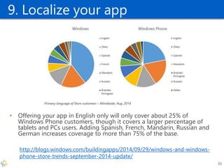 9. Localize your app 
•Offering your app in English only will only cover about 25% of Windows Phone customers, though it covers a larger percentage of tablets and PCs users. Adding Spanish, French, Mandarin, Russian and German increases coverage to more than 75% of the base. 
http://blogs.windows.com/buildingapps/2014/09/29/windows-and-windows- phone-store-trends-september-2014-update/ 
33  