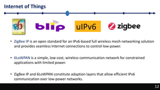 12
Internet of Things
12
uIPv6
• ZigBee IP is an open standard for an IPv6-based full wireless mesh networking solution
and provides seamless Internet connections to control low-power.
• 6LoWPAN is a simple, low-cost, wireless communication network for constrained
applications with limited power.
• ZigBee IP and 6LoWPAN constitute adaption layers that allow efficient IPv6
communication over low-power networks.
 
