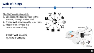 18
Web of Things
18
The WoT practice is mainly:
1. Connect embedded devices to the
Internet, through IPv4 or IPv6.
2. Embed Web servers on these devices.
3. Model their services in a
resource-oriented way.
Directly Web-enabling
Vs. using a Gateway
 