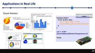 29
Applications in Real Life
29
Smart Homes:
function check {
if [ $? -le 20 ] ; then
curl -d "status=OFF" -X PUT
[serverAddress]/AirConditioner/Switch/
fi
}
curl -s -X GET
[serverAddress]/Kitchen/Temperature/ $1
check;
 