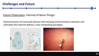 46
Challenges and Future
46
Future Projections: Internet of Nano-Things!
Interconnection of nanoscale devices with existing communication networks and
ultimately the Internet defines a new networking paradigm.
 