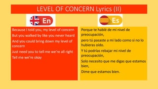LEVEL OF CONCERN Lyrics (II)
Because I told you, my level of concern
But you walked by like you never heard
And you could bring down my level of
concern
Just need you to tell me we’re all right
Tell me we’re okay
Porque te hablé de mi nivel de
preocupación,
pero tú pasaste a mi lado como si no lo
hubieras oído.
Y tú podrías rebajar mi nivel de
preocupación,
Solo necesito que me digas que estamos
bien,
Dime que estamos bien.
 