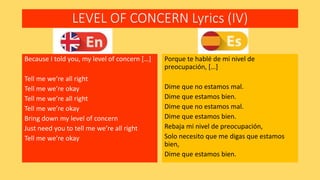 LEVEL OF CONCERN Lyrics (IV)
Because I told you, my level of concern […]
Tell me we’re all right
Tell me we’re okay
Tell me we’re all right
Tell me we’re okay
Bring down my level of concern
Just need you to tell me we’re all right
Tell me we’re okay
Porque te hablé de mi nivel de
preocupación, […]
Dime que no estamos mal.
Dime que estamos bien.
Dime que no estamos mal.
Dime que estamos bien.
Rebaja mi nivel de preocupación,
Solo necesito que me digas que estamos
bien,
Dime que estamos bien.
 