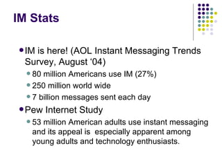 IM is here! (AOL Instant Messaging Trends Survey, August ‘04) 80 million Americans use IM (27%) 250 million world wide 7 billion messages sent each day Pew Internet Study 53 million American adults use instant messaging and its appeal is  especially apparent among young adults and technology enthusiasts.  IM Stats 